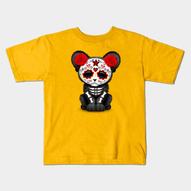 Red Day of the Dead Sugar Skull Panther Cub Kids T-Shirt by jeffbartels